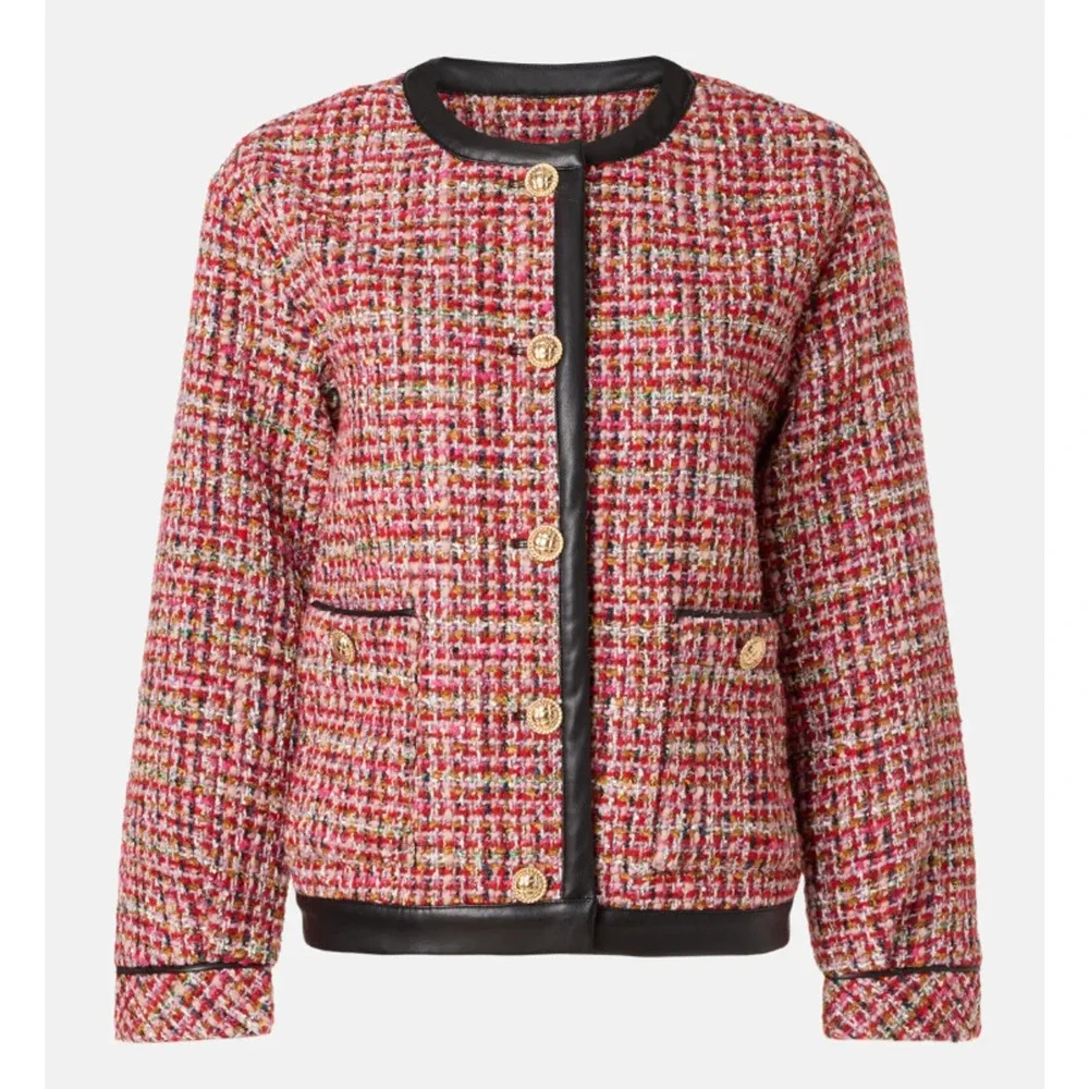 English Factory Pink Tweed Blazer LARGE Boxy Boucle Faux Leather Clueless $210 - Picture 5 of 10